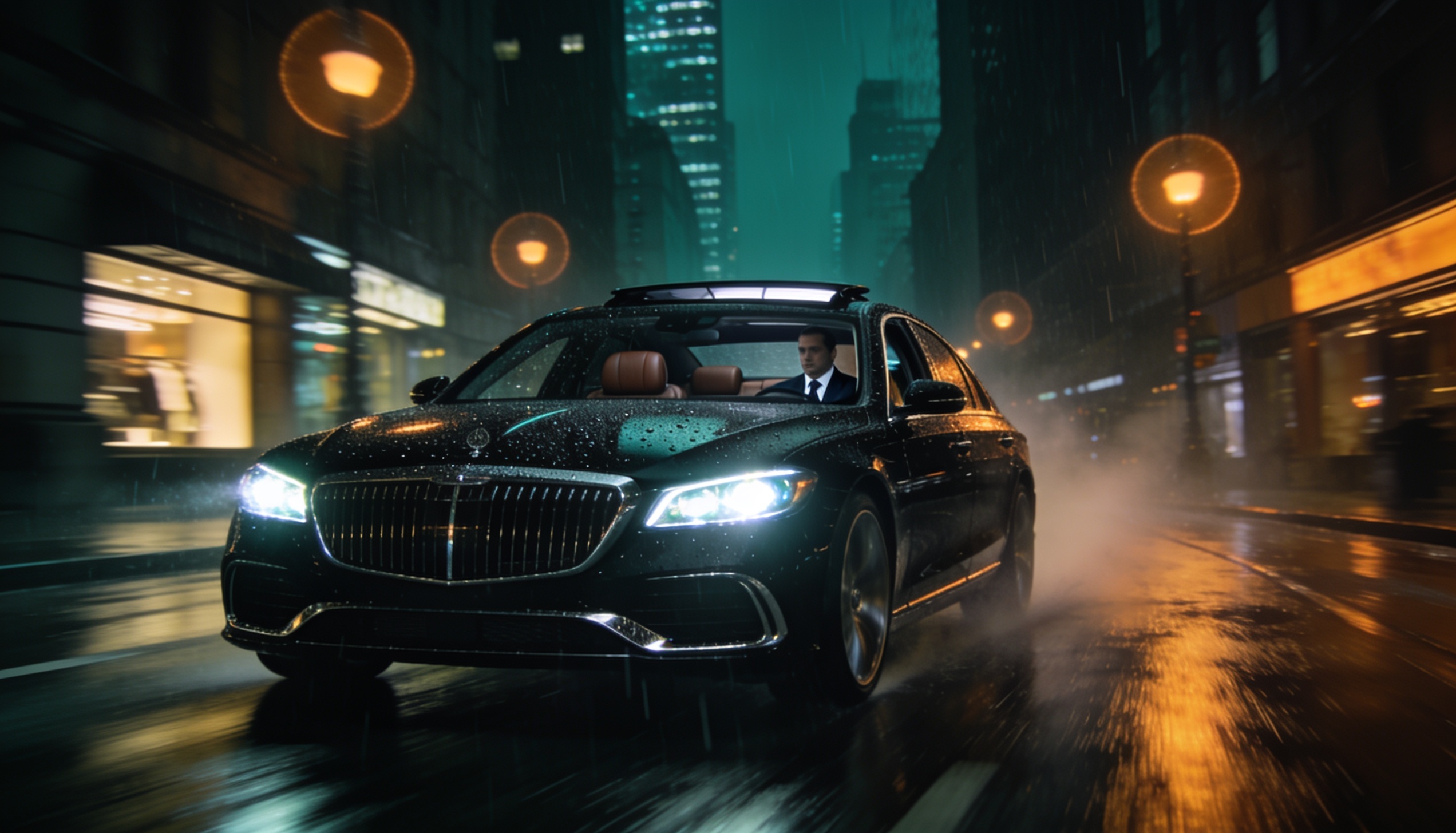 Luxury sedan on a city street at night