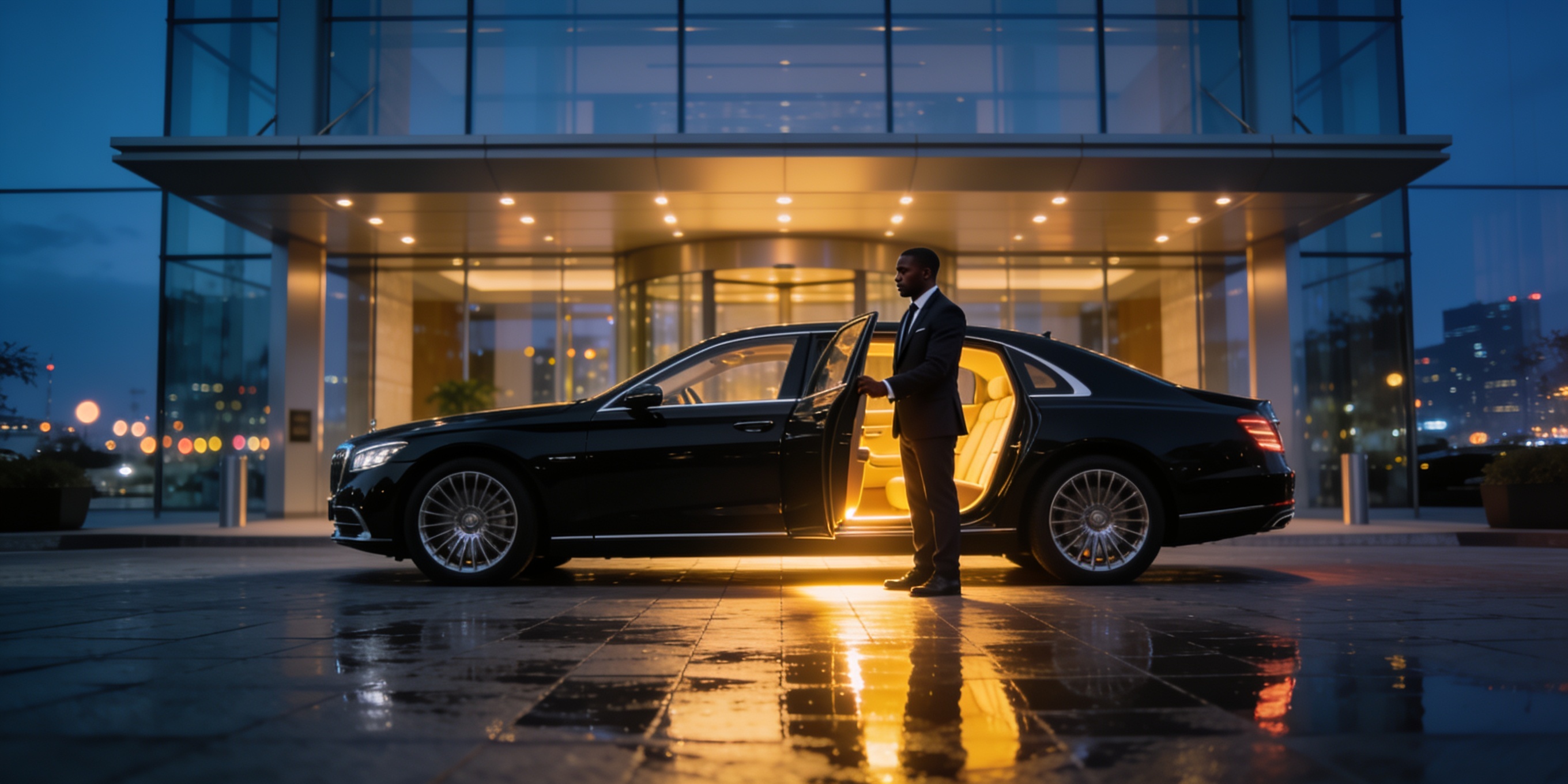 Chauffeur opening the door of a luxury sedan at a hotel entrance at dusk